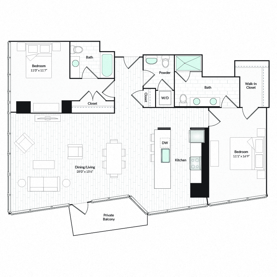 Floor plan for 2 beds, 2.5 baths, 1532 sqft